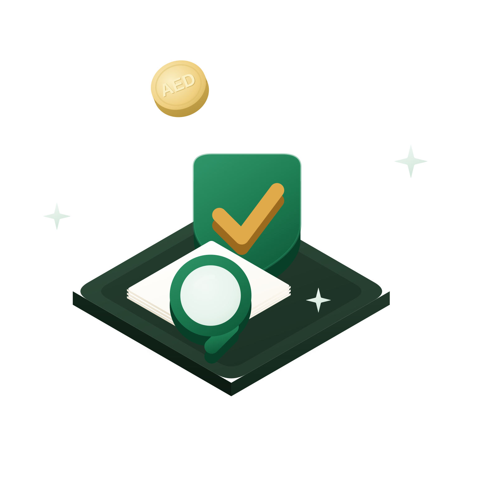 Isometric 3D illustration: a document with a magnifying glass and a green shield with a gold check