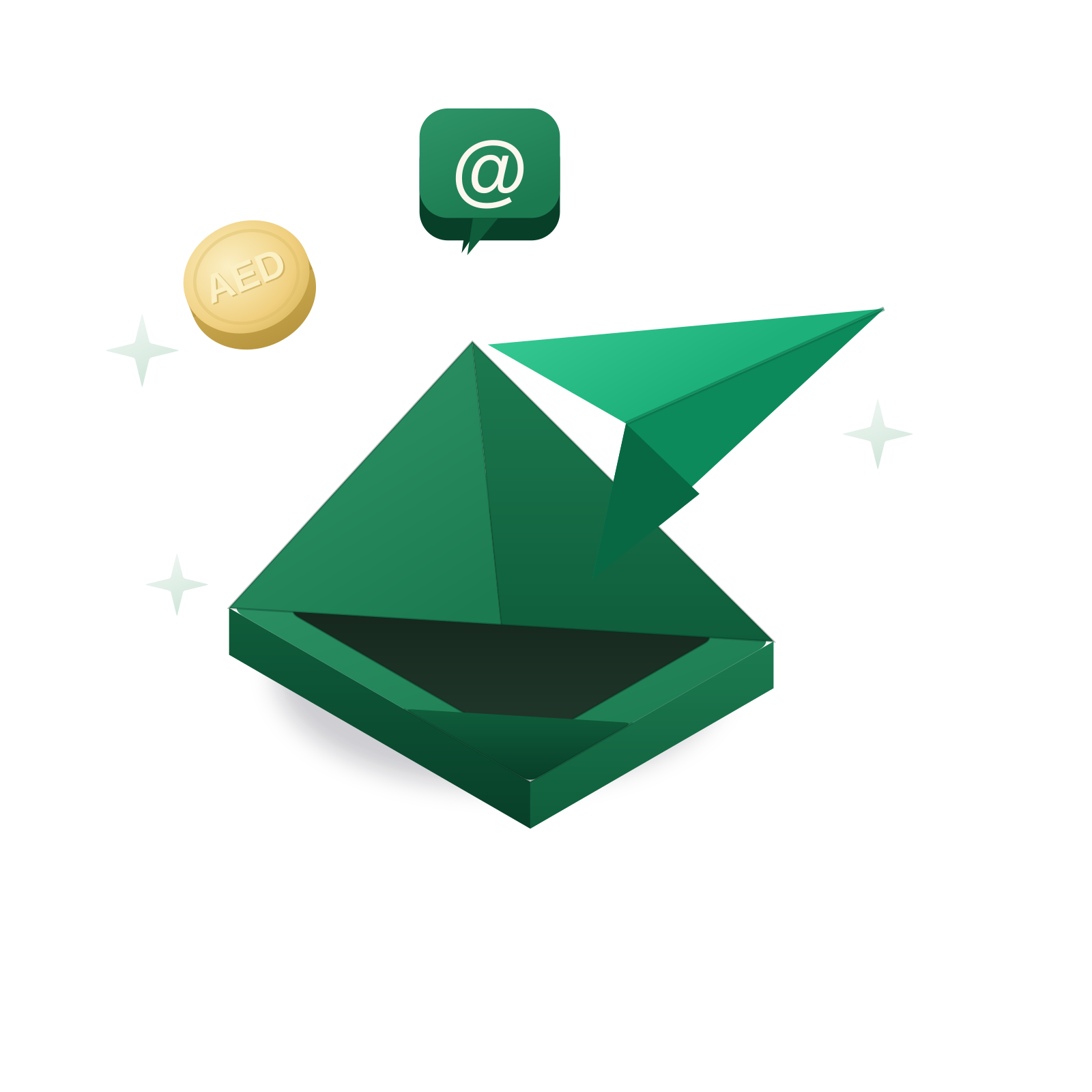 Isometric 3D illustration: an open envelope with a green paper plane and an @ badge